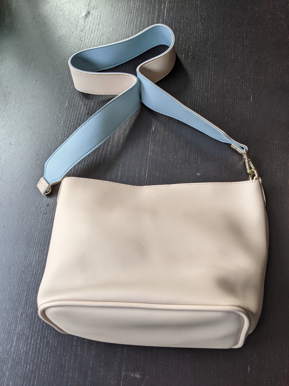 Vegan Leather Cream Crossbody Bag with Sky Blue Strap